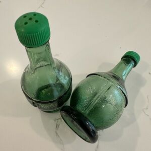 Vintage Green Glass Bottles with Green Caps